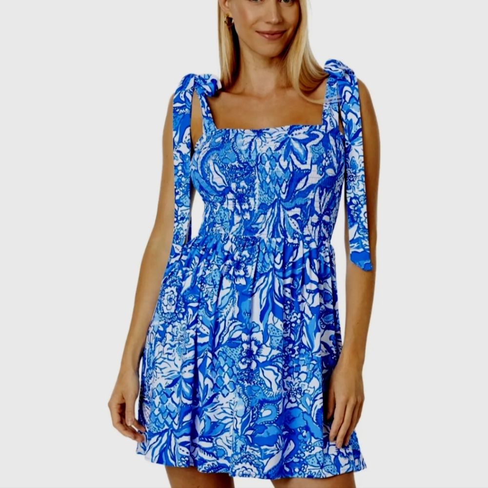 Rivera Smocked Romper Blue Tang Flocking Fabulous L NWT